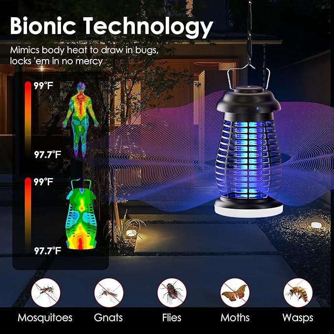 Bug Zapper Outdoor & Indoor, Mosquito Repellent Outdoor Patio, Portable & Rechargeable Fly Trap, IP67 Waterproof, Mosquito Repellent for Patio,Lawn & Garden, Camping, Kitchen, Home