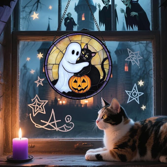 Stained Glass Window Hanging - Halloween Decorations Cute White Ghost Black Cat Suncatcher for Doors Garden Spooky Sun Catchers Gothic Decor Horror Gifts for Women Men Friend Boy 15 in