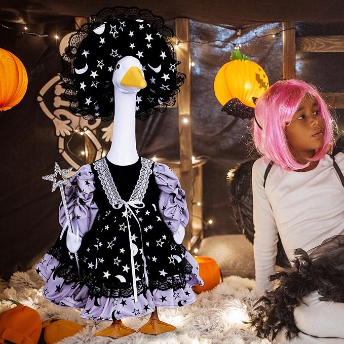 AZYM Halloween Porch Goose Outfits,3 Pcs/Set Yard Goose Statue Clothes for 23" Statue Patio Lawn Garden Halloween Decoration(Black Halloween Night)
