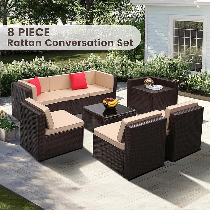 8 Pieces Outdoor Wicker Rattan Patio Furniture Sectional Set, Glass Top Table with Hidden Storage, 7 Sofa Sections, Oversized Cushions, Brown Color Rattan with Beige Cushion