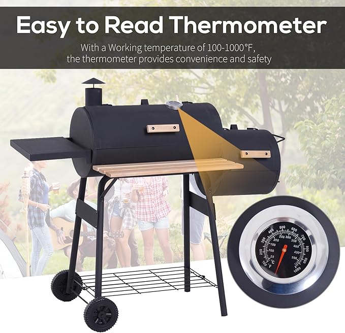 48" Steel Portable Backyard Charcoal BBQ Grill and Offset Smoker Combo with Wheels.