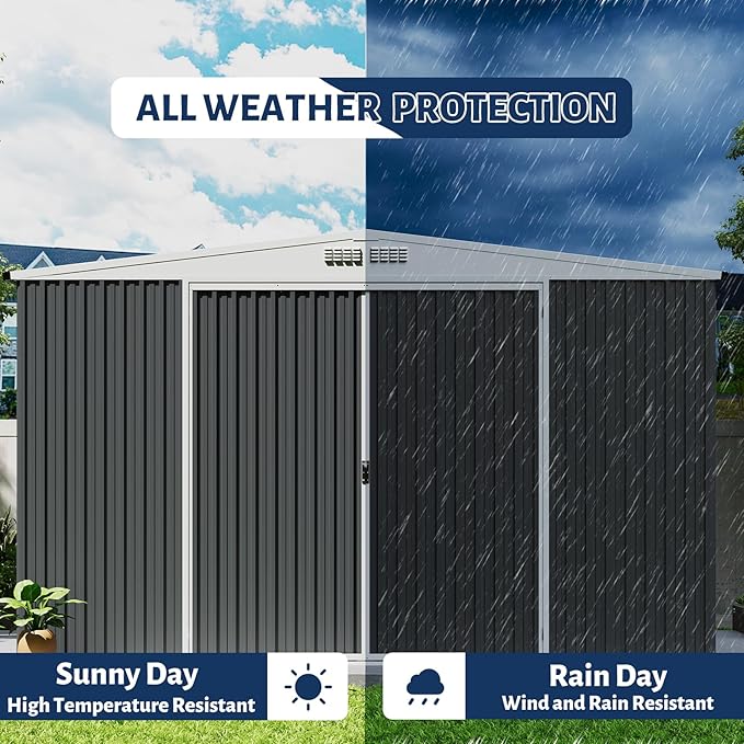 9x12 Shed for Outdoor Storage, Galvanized Steel Metal Tool Sheds House with Lockable Doors, Lock & Air Vent, Large Utility Sheds for Patio Garden Lawn (9x12.6, Grey)