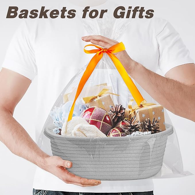 Pro Goleem Small Woven Basket with Gift Bags and Ribbons Durable Baskets for Gifts Empty Small Rope Basket for Storage 12"X 8" X 5" Baby Toy Basket with Handles, Gray