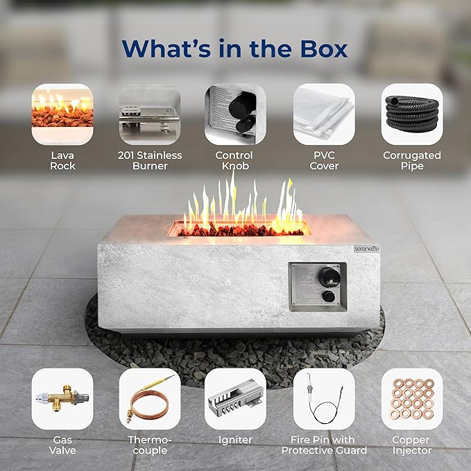 SereneLife Propane Gas Fire Pit Table 40000 BTU Square Outdoor Firepit with Protective Cover, Durable Metal Construction, and Stylish Design for Patio or Backyard