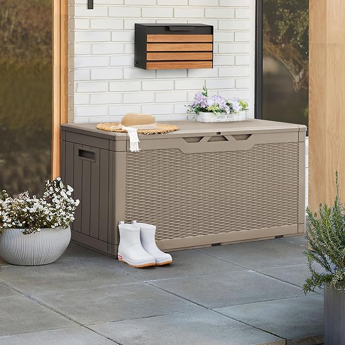 Greesum 100 Gallon Resin Patio Storage Box for Garden Tools, Outdoor Furniture Cushions, Pool Supplies, Light Brown