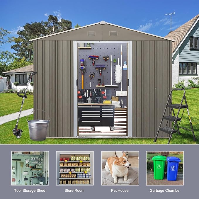 8x10 FT Outdoor Storage Shed, Metal Garden Shed with Frame Floor, Outside Tool Shed with Lockable Sliding Doors, Waterproof Storage Building with Sloped Roof for Backyard, Patio, Lawn, Gray