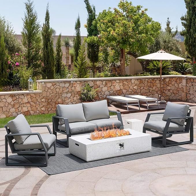 NAGA HABNA 56 Inch Propane Fire Pit Table, Rectangle Outdoor Fire Table w Tank Table (50,000 BTU), 2 Piece Gas Fire Pit w Blue Fire Glass for Garden, Pool, Backyard