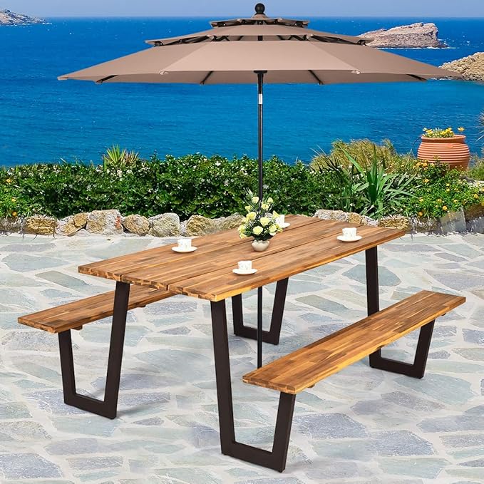Giantex Picnic Table Bench Set with Umbrella Hole, Outdoor Dining Table Set, 70'' Acacia Wood Picnic Beer Table with Metal Frame Patented