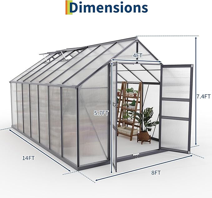 8×14FT Polycarbonate Greenhouse for Outdoors, Large Walk in Green House Kit and Winter Garden Planting, Enhanced Aluminum Green Houses for Outside to Protect Vegetables or Plants