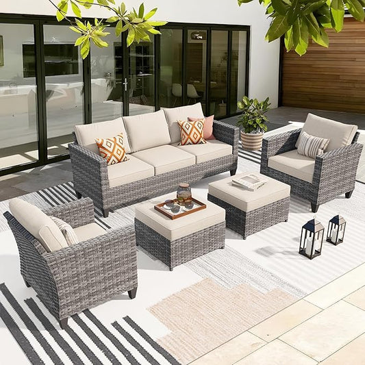 ovios Patio Furniture Set, 5 Pieces Outdoor Wicker Sofa Couch with Chairs, Ottomans and Comfy Cushions, All Weather High Back Rattan Conversation Set, Beige