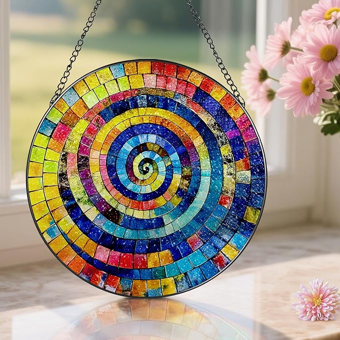 Stained Glass Window Hanging, Pauyadu 8 Inch Rainbow Spiral Stained Glass Suncatcher, Suncatchers for Windows Hanging, Window Decor, Gifts for Art Lovers, Idea Gifts for Women, Friend, Lover