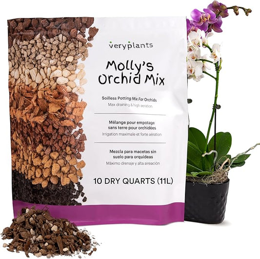 Molly's Orchid Potting Mix - Premium Gritty Soilless Orchid Mix - Chunky High Drainage vs Standard Potting Soil for Indoor Plants - Contains Bark, Coco Chips, Akadama, Pumice, Lava Rock 10 Dry Quarts