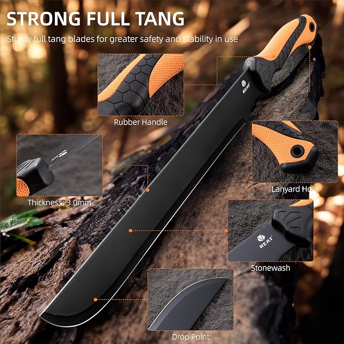 REAT Gardening Heavy Duty Machete,24" Full Tang Machete with Shaeth,Ergonomic No-Slip Handle,Machetes for Bushcraft, Outdoor Hunting, Garden Cutting Trees and Yard Work (Orange)