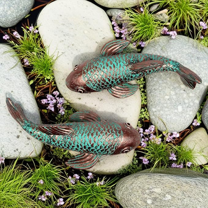 Garden Statues,Koi Fish Decor,Set of 2 Antique Koi Fish Garden Statue,Sculpture for Outdoors,Patio Decor,Backyard and Home Kitchen Decoration,Gifts for Mom Women Grandma