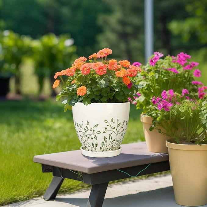 Ceramic Planter for Indoor Plants - 8.2 Inch Plant Pot with Drainage Hole and Saucer, Boho Round Planter for Indoor Outdoor Flowers, Plant Lover Gifts, Home Garden House Decor, White