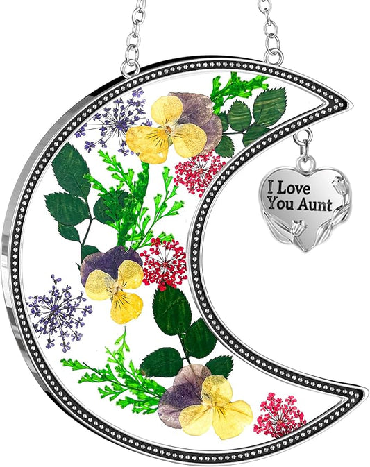 KY&BOSAM Moon Suncatcher I Love You Aunt Stained Glass for Window Hangings Wind Chimes Decor with Pressed Real Flower and Metal Charm Birthday Gift for Women Aunt Mother`s Day Christmas