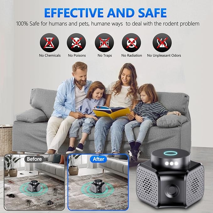 Mouse Repellent Ultrasonic Plug in, 360° Mice Repeller Indoor with 4-in-1 Pest Squirrel Rodent Deterrent Device for Attic House Garage Basement