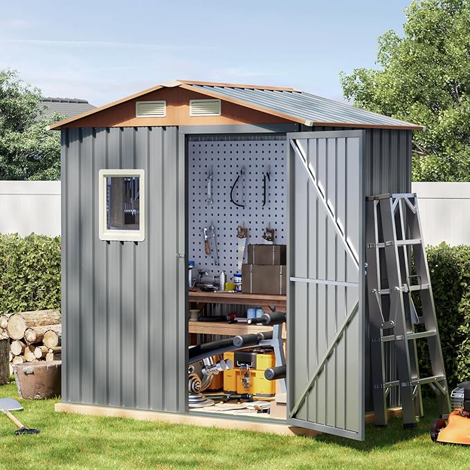 6x4FT Multi-used Shed & Outdoor Storage Shed, Steel Tool Shed with Lockable Doors,Window,Vent,Compact Metal Tool Garden Shed for Garden, Backyard, Patio, Lawn and Various Storage(Matte Gray)