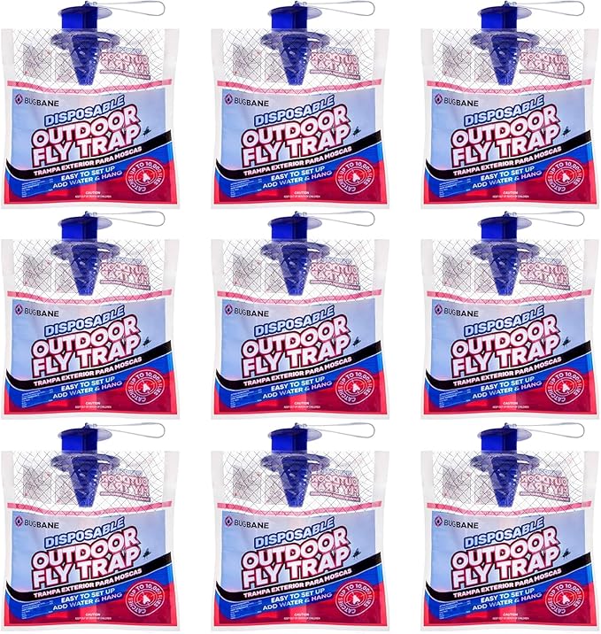 Fly Traps Outdoor Fly Trap for Patio. 9 Non-Toxic Pre-Baited Flies Bags Outdoor Disposable. Hanging Bug Catchers for All Filth Flies Killer for Outside Bug Control in Yard Horse Ranch Trash Can