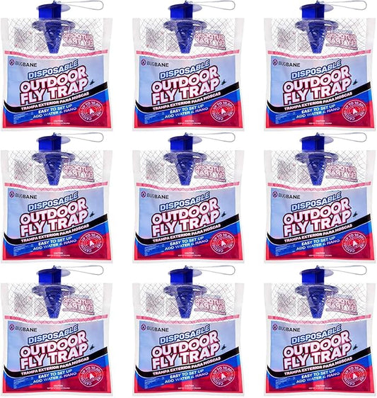 Fly Traps Outdoor Fly Trap for Patio. 9 Non-Toxic Pre-Baited Flies Bags Outdoor Disposable. Hanging Bug Catchers for All Filth Flies Killer for Outside Bug Control in Yard Horse Ranch Trash Can