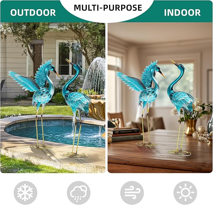 Autodaya 36.75" Metal Crane Garden Statue, Handcrafted Oversized Blue Heron Decor Sculptures with Stable U-Ground Stakes, Backyard Decoration, Metal Garden Bird Animal Yard Art, Lawn Ornament Decor