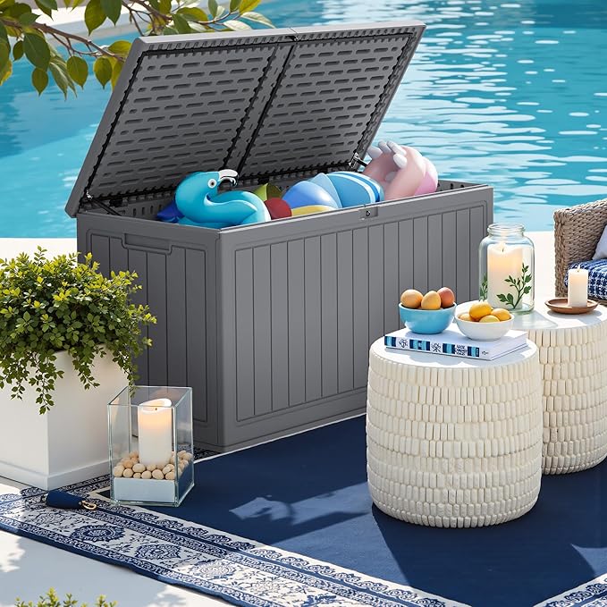 Greesum 260 Gallon HDPE Outdoor Storage Box - Waterproof, Large Capacity Deck Box with Removable Dividers for Patio, Yard, Garden Tools, Light Grey