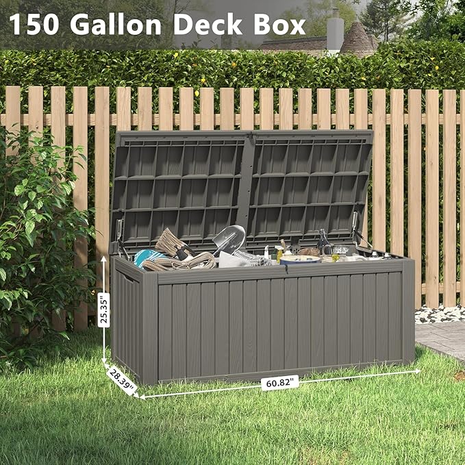 NUNU LAB 150 Gallon Outdoor Storage Box,Resin Large Sturdy Deck Box, Backyard Outside Storage Box Waterproof with Double Wall Panels,Package Delivery Garden Outdoor Hose