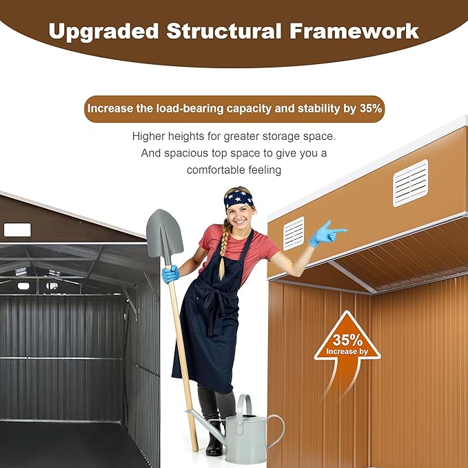 Outdoor Tool Shed 4x8 FT Heavy-Duty Metal Storage Shed with Hinged Door, Windows & Ventilation - Weather-Resistant Roof Garden Shed for Backyard, Patio, Lawn (Brown)