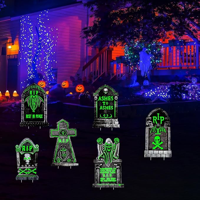 Large Halloween Tombstones Decorations, 6 Pack 16.5"x10" Light Up Tombstone for Graves, Plastic Spooky Outdoor Halloween Gravestone, Waterproof Cemetery Grave Decor with 12 stakes for Yard Lawn Party