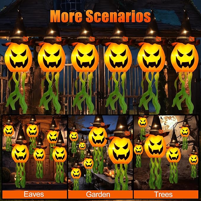 Halloween Decorations Outdoor Decor Hanging Lighted Glowing Pumpkin Witch Hat with 3 Modes Lighted Up Scary Orange Halloween Decorations for Indoor Outside Party Yard Tree Garden (6Pcs)