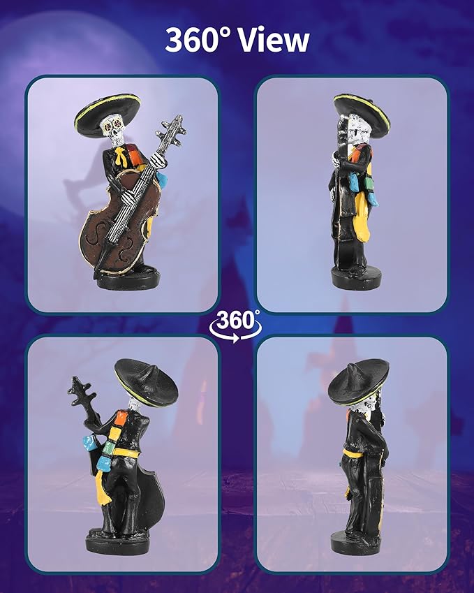 Day of The Dead Mariachi Skeleton Figurines 4.3'' – Set of 2 Hand-Painted Resin Día de Los Muertos Decorations – Mexican Folk Art Halloween Decor for Home, Altar, Table Centerpiece (Mariachi)