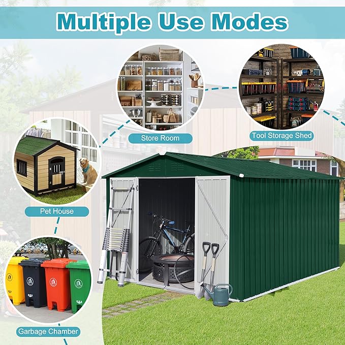 Sheds & Outdoor Storage 8 ft × 10 ft Storage Shed Large Classic Apex Roof Metal Garden Storage Sheds with Hinged Door Tool Cabinet for Backyard, Patio, Poolside, Green