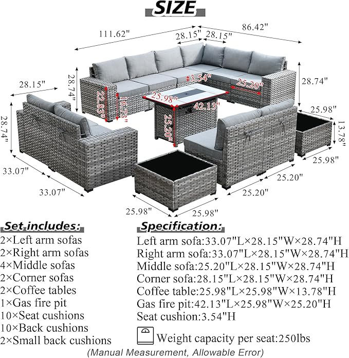 HOOOWOOO 13 Piece Modular Patio Outdoor Sectional Furniture Set with Gas Propane Fire Pit Table,Wicker Conversation Sofa Set,Out Door Couch Set with Wide Arm Outside(Dark Grey)