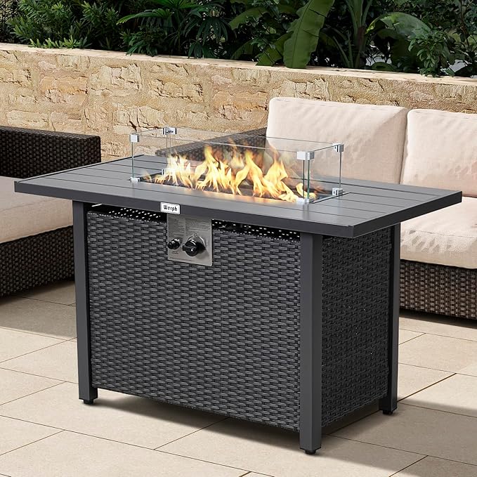 43" Propane Fire Pit Table with Rattan Fence, 50,000 BTU Gas Fire Pits for Outside Patio with Auto-Ignition, 2-in-1 Fire Table with Glass Stones,Wind Guard& Removable Lid, Black