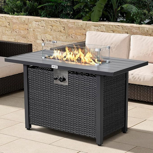 43" Propane Fire Pit Table with Rattan Fence, 50,000 BTU Gas Fire Pits for Outside Patio with Auto-Ignition, 2-in-1 Fire Table with Glass Stones,Wind Guard& Removable Lid, Black
