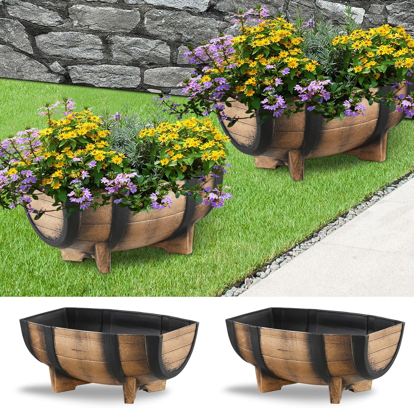 YI 2 Pack Rustic Half Barrel Planters, 16.34x11.81x7.28 Inches Plastic Weather Resistant Plant Flower Pot Indoor & Outdoor Garden Planter