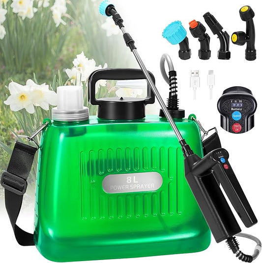 DOUBFIVSY Electric Garden Sprayer, 2 Gallon Battery Powered, 3 Adjustable Speeds, 4 Nozzles, 32" Retractable Wand, Green, ABS Handle, HDPE Water Can, Lawn & Garden