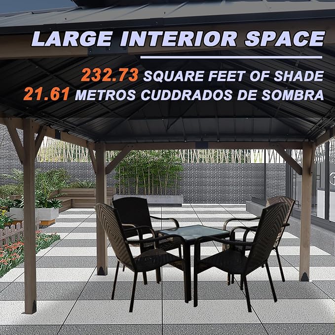 CHARMELEON 12'x20' Cedar Wood Gazebo Hardtop - Wooden Gazebos with Dual Metal Roof - Permanent Outdoor Gazebo - Large All Weather Patio Gazebo for Backyard, Deck & Garden - with Curtains & Netting