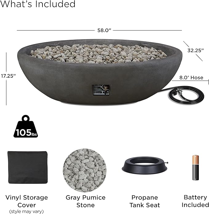 Real Flame Riverside 58" Oval Propane Fire Pit Bowl, Push-Button Ignition, Includes 28" Stainless Steel Burner, Lightweight 50,000 BTUs of Heat - Adjustable Flame Height