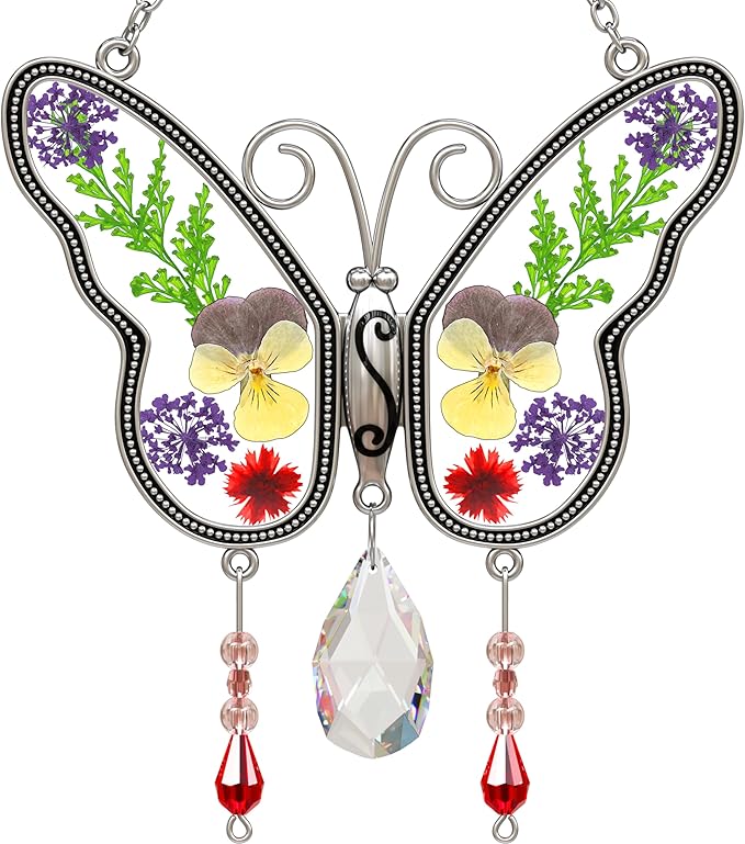 KY&BOSAM Gifts for Mom Family Friends Crystal Butterfly Suncatchers Stained Glass for Windows Wind Chimes Real Flower Colorful Crystal Outdoor for Garden Indoor Home Trees Patio Yard Porch Decor