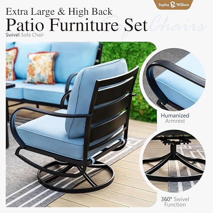 Sophia & William Patio Furniture Sets for 5 Outdoor Metal Conversation Sets 5 Pcs with 2 x Cushioned Swivel Sofa Chairs, 2 x Ottomans as Coffee Table, 1 x 3-Seat Sofa, Lawn Backyard Poolside Blue