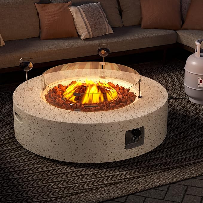 SUNBURY Outdoor 42 Inch Propane Fire Pit Table, Patio Gas Fire Table 50,000 BTU Fire Pit for Outside in Spotted White w Glass Wind Guard, Lava Rocks