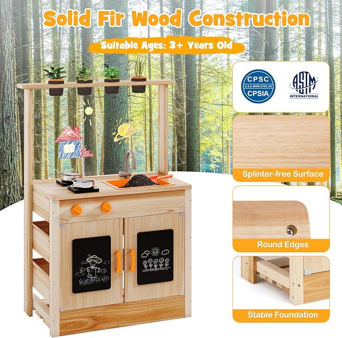 HONEY JOY Mud Kitchen, Fir Wood Outdoor Play Kitchen for Toddlers, 4 Planting Cups, Cookware, Faucet & Sink, DIY Acrylic Board & Blackboard, Storage, Mud Table, Mud Kitchen for Kids Outdoors, Natural