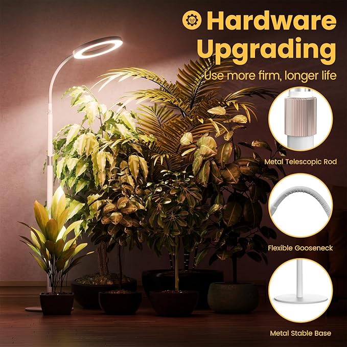 bseah Plant Grow Light for Indoor Plants, Full Spectrum Grow Lamp with Pedestal Stand, Automatic Timer for 3H/9H/12H, Height Adjustable 51-67in White