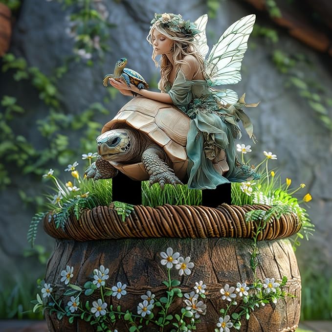 Fairy Garden Stake Decor, 2D Flat Acrylic Fairy Garden Decor Panel, Elf Yard Sign for Outdoor Indoor Yard Lawn Plants Pots, Fairy Garden Accessories (Fairy and Turtle)