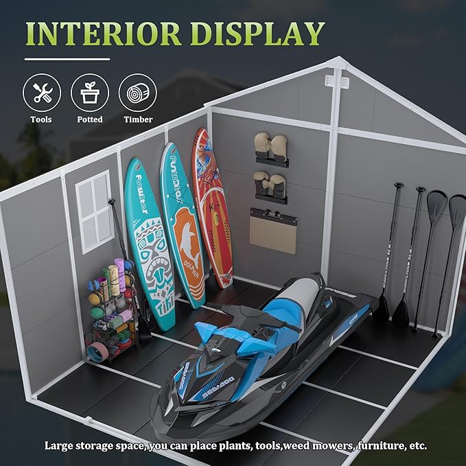 Outdoor Storage Shed 8x8 FT, Resin Shed with Floor & Window, Lockable Door, Vents, Outside Sheds & Garden Shed for Patio Furniture, Gardening Tools, Pool Equipment (Grey, 8 * 8ft)