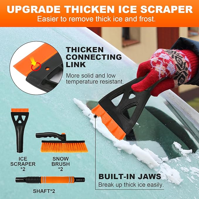 2 Pack Ice Scrapers for Car Windshield, 2-in-1 Snow Scraper and Snow Brush for Car SUV Truck, Car Ice Windshield Scraper for Ice and Snow with 360° Pivoting Brush and Ergonomic Foam Grip Orange