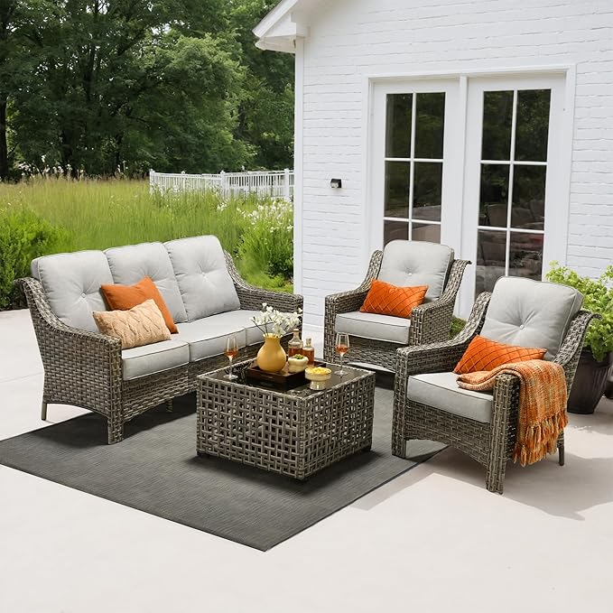4 Pieces Patio Outdoor Furniture Set,All Weather Wicker Rattan Patio Seating Sofa and Chair Set w/ 3-Seater Sofa and Glowing Coffee Table,Outdoor Conversation Sets for Deck Yard Garden,Grey