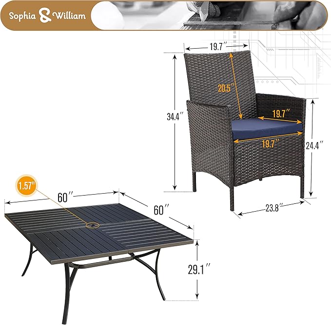 Sophia & William 9 Pieces Patio Dining Set for 8, All Weather Square Metal Patio Table and Wicker Chairs Set, Large Outdoor Dining Set for Outside, Black Tabletop