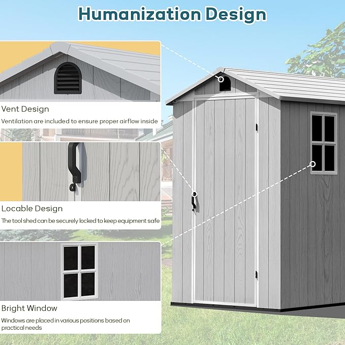 Greesum 4×6FT Plastic Outdoor Storage Shed with Floor, Resin Storaged Sheds with Lockable Door, Window & Vent, All-Weather Tool Sheds for Garden, Backyard, Patio, Light Gray (One-Piece Panel)
